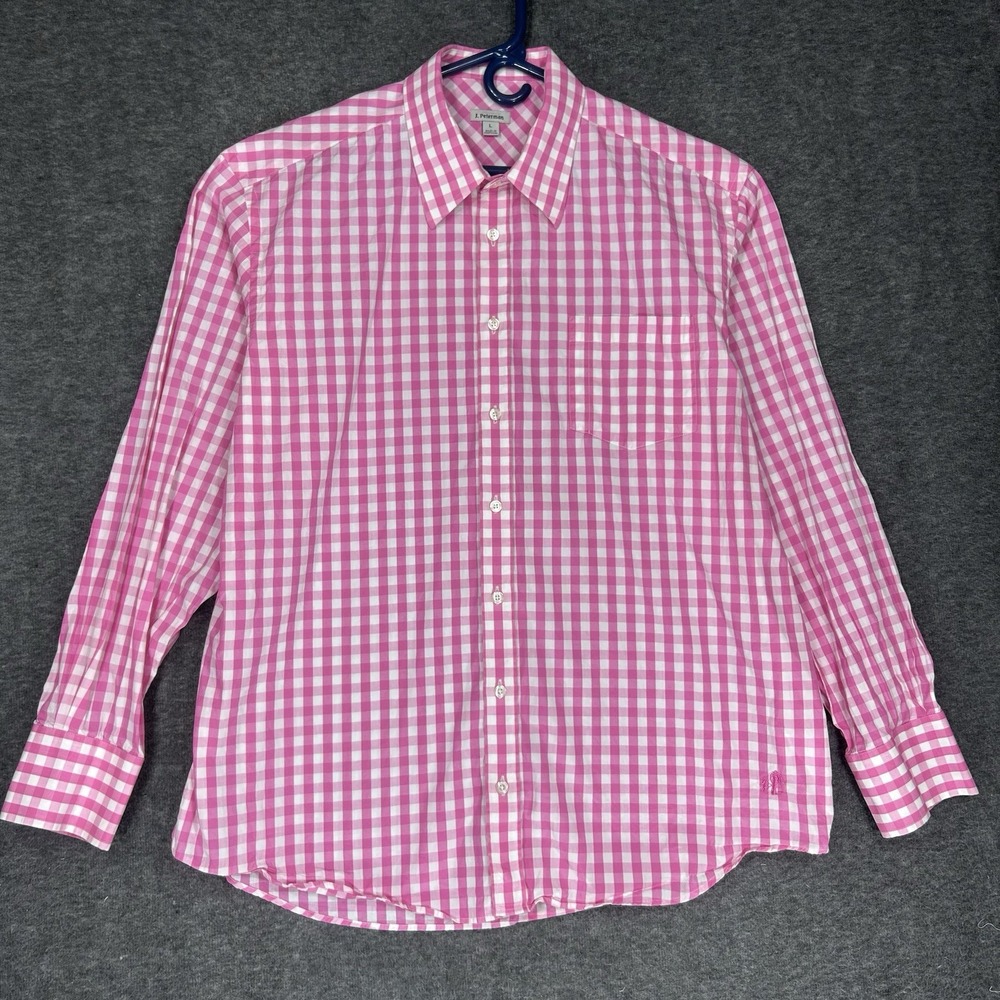 J Peterman Shirt Mens Large Pink White Gingham Long Sleeve Preppy